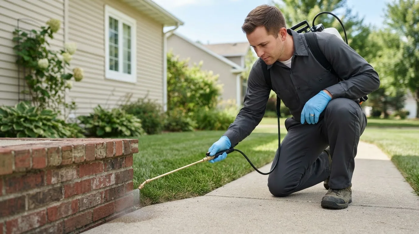 Pest control technician treating a home near Sunset, TX